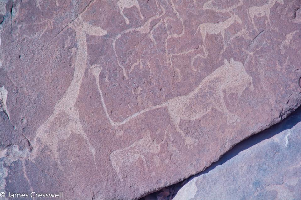 A photograph of the Man-Lion rock engraving in the Twyfelfontein World Heritage Site, taken on a GeoWorld Travel Namibia geology trip, tour and holiday