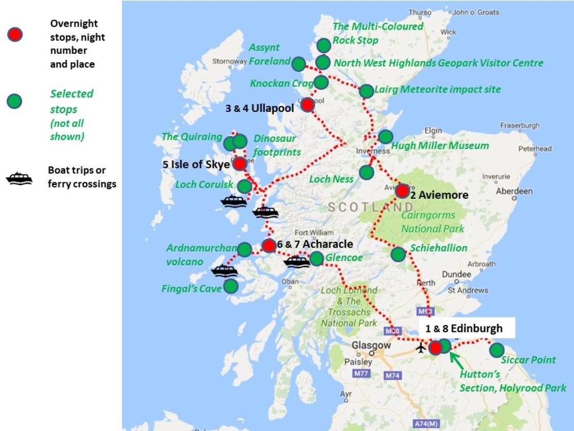 An image containing a map of GeoWorld Travel's Scotland geology trip, tour and holiday route map