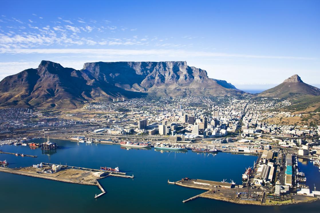 An aerial photograph of Table Mountain and Cape Town, visited on the GeoWorld Travel South Africa geology trip, tour and holiday