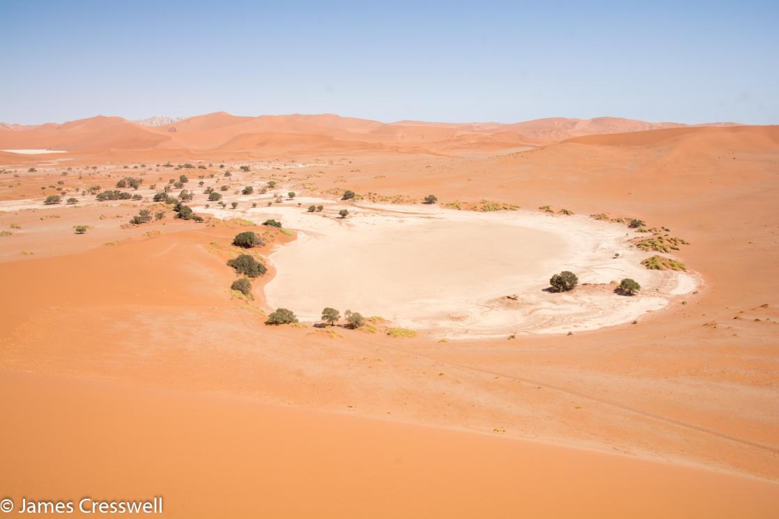 A photograph of the Sossusvlei pan in the Namib Sand Sea World Heritage Site, taken on a GeoWorld Travel Namibia geology trip, tour and holiday
