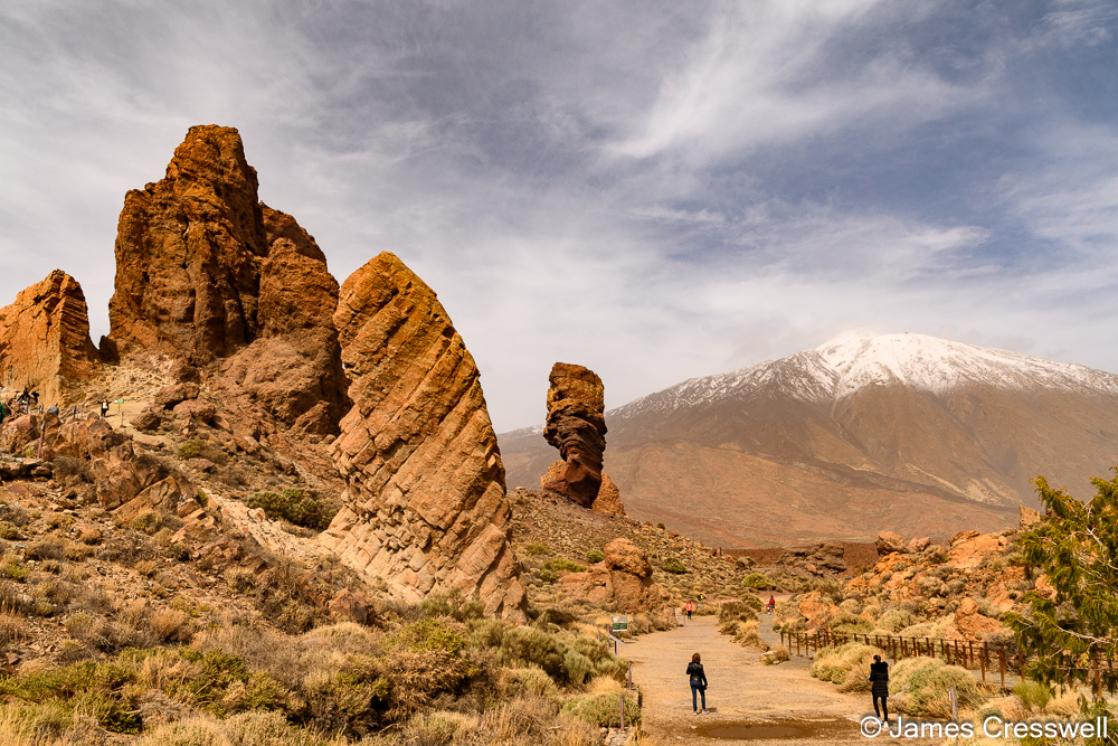 A photo of  the Mirador Roques de Garcia in the Teide World Heritage Site. The snow dusted peak of Teide is in the background