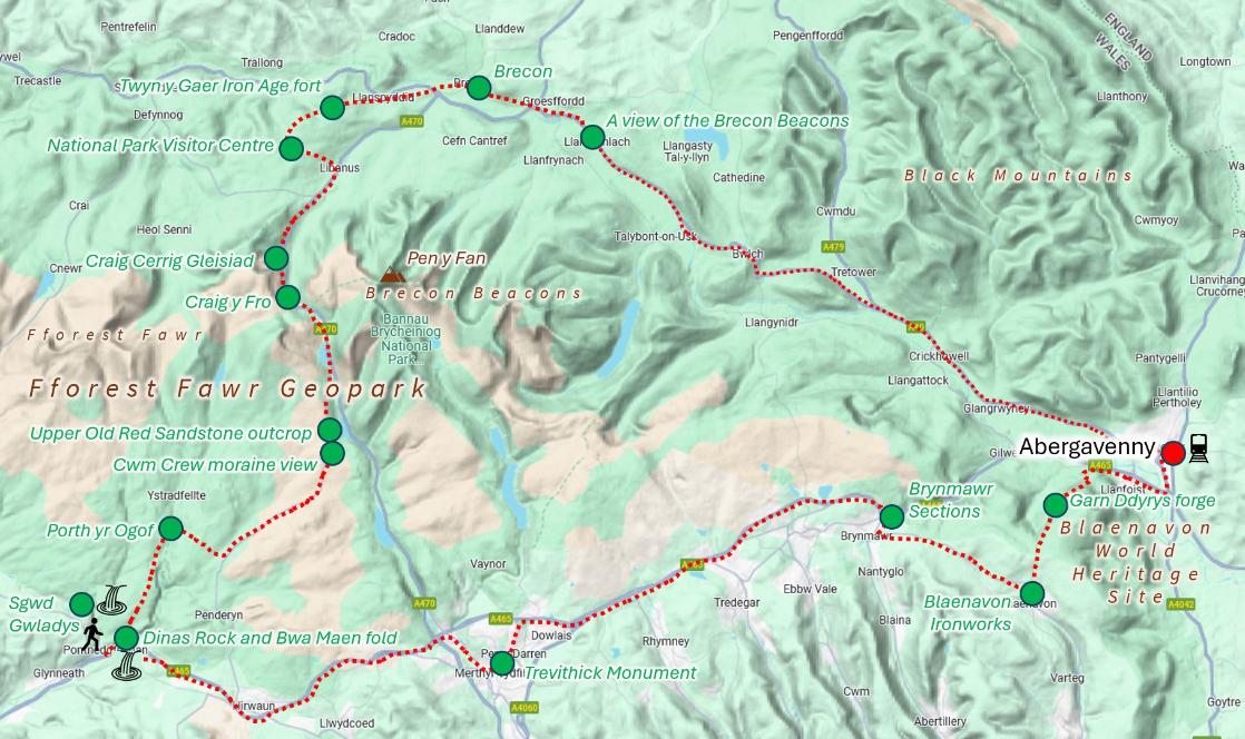 Route map of GeoWorld Travel's Fforest Fawr Geopark and Blaenavon geology tour