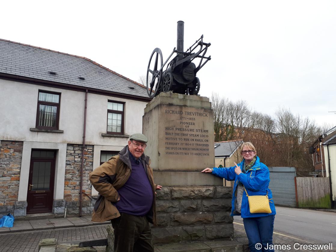 A photograph of the Trevithick Monument in Merthyr Tydfil commemorates the world's first train journey