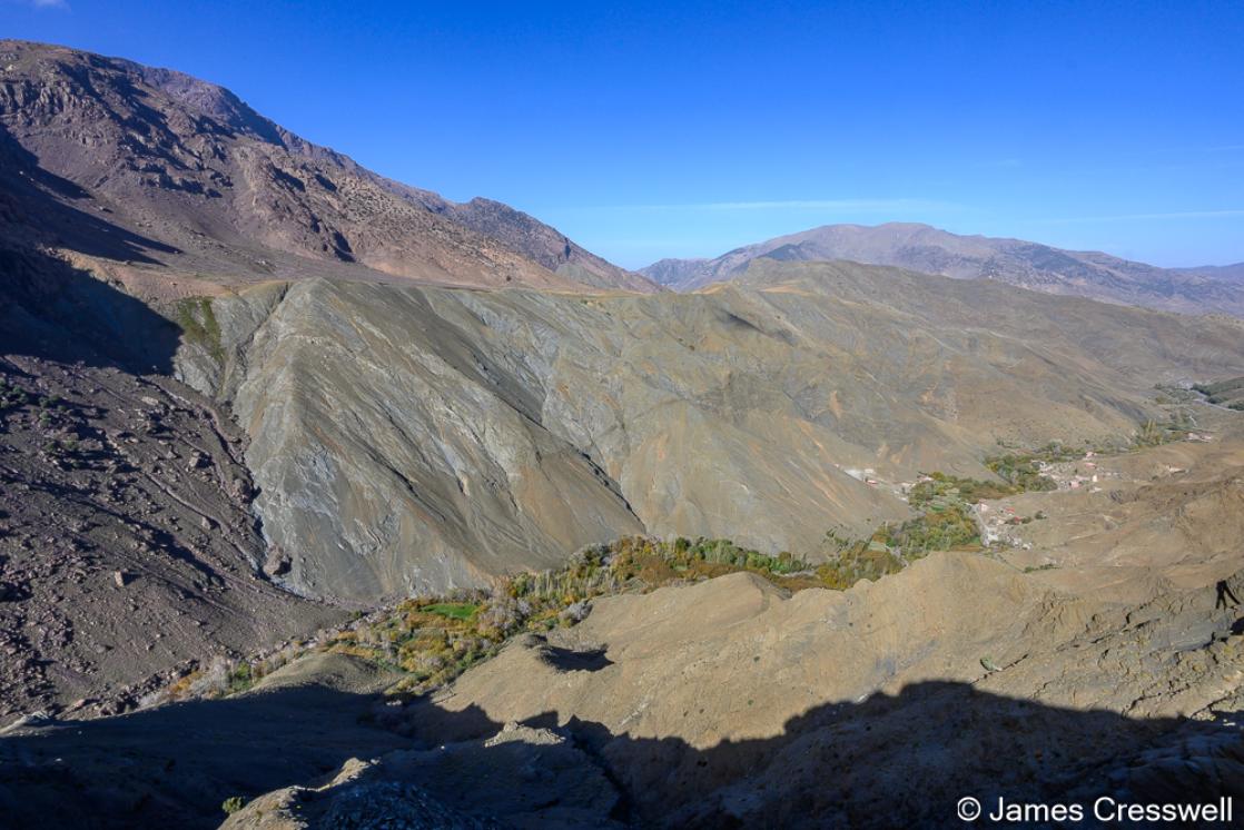 A photo of view of Ediacaran aged rhyolite thrusting over middle Cambrian rocks which lie over Ordovician rocks. Tizi n Tishka Morocco.