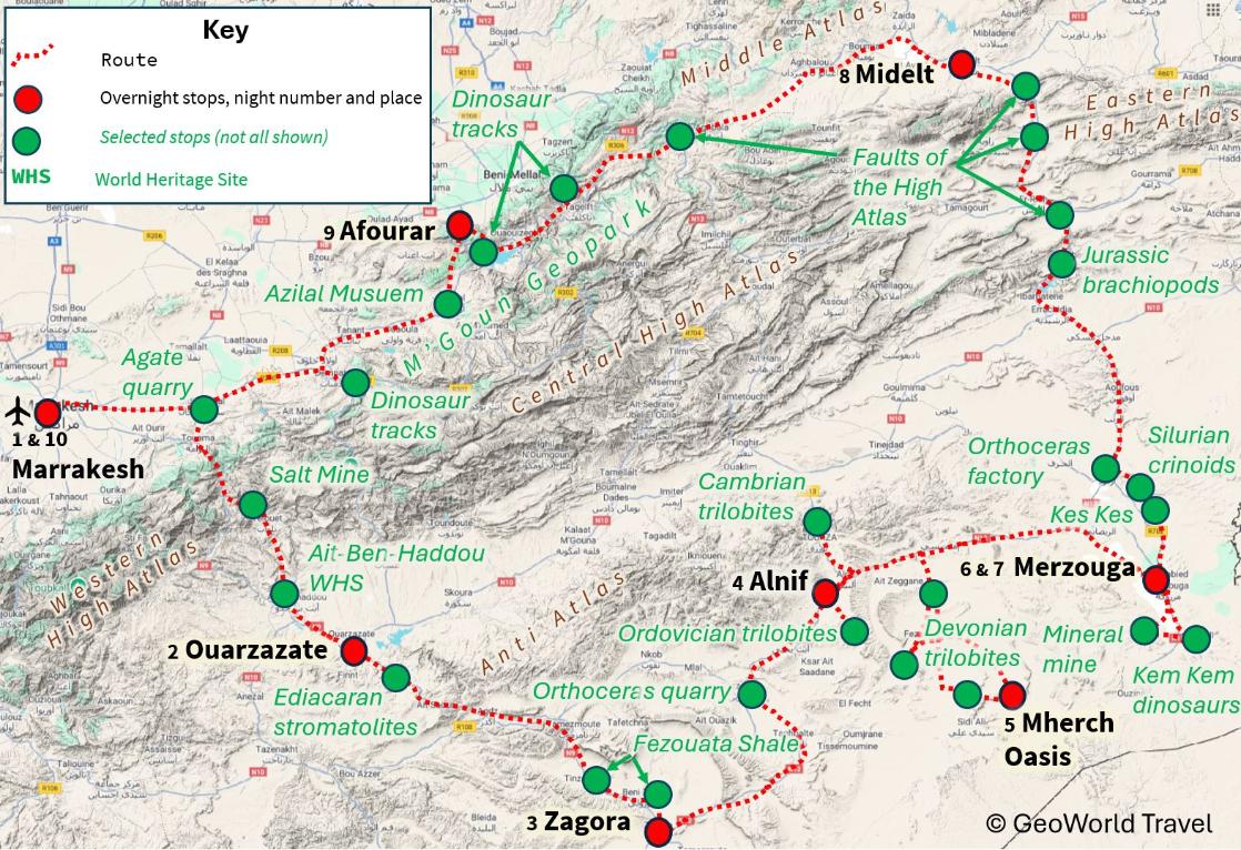 A map of GeoWorld Travel's Morocco tour