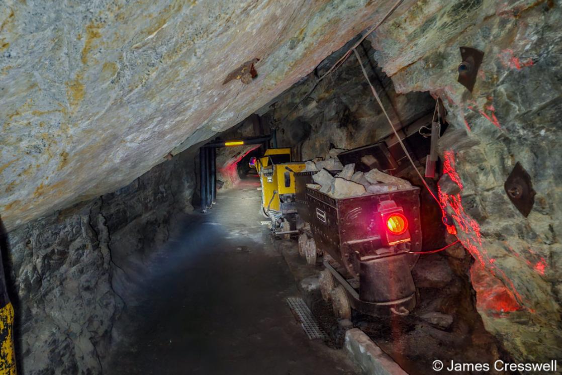  A photograph of Level 2 of Shaft No.14, Crown Mines, Johannesburg. The strata are dipping at 35 degrees to the south due to the Vredefort Meteor Impact. The gold mined from this level was in the Kimberley Reef Conglomerate. 