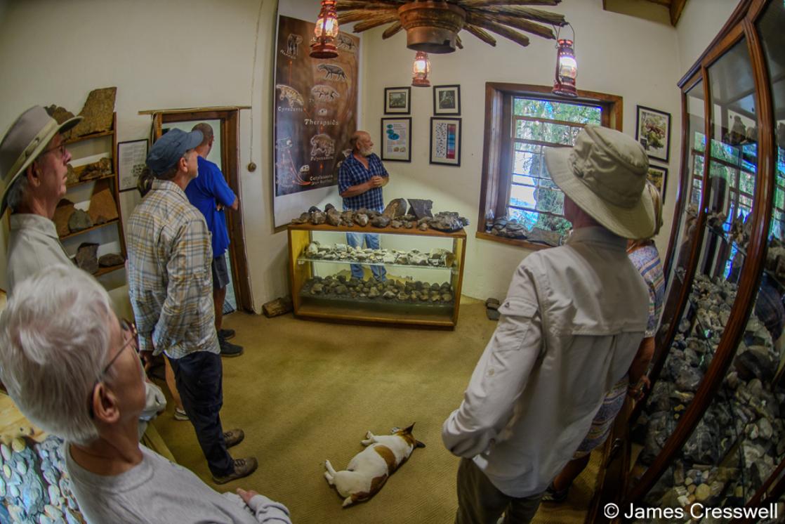 A photograph of JP Steynberg gives a palaeontological talk in his private museum on Ganora Guest Farm. The museum consists of Permian fossils found on the farm.