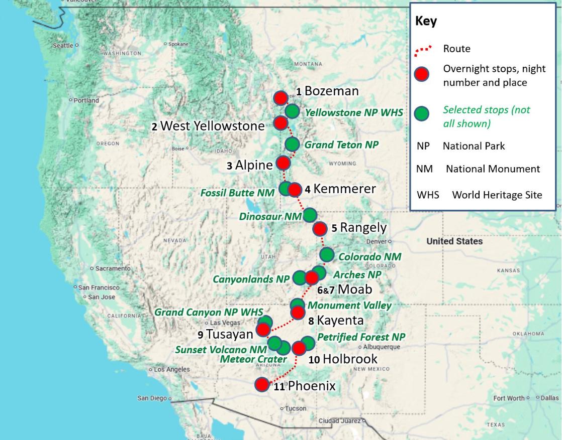 A map of GeoWorld Travel's USA geology tour