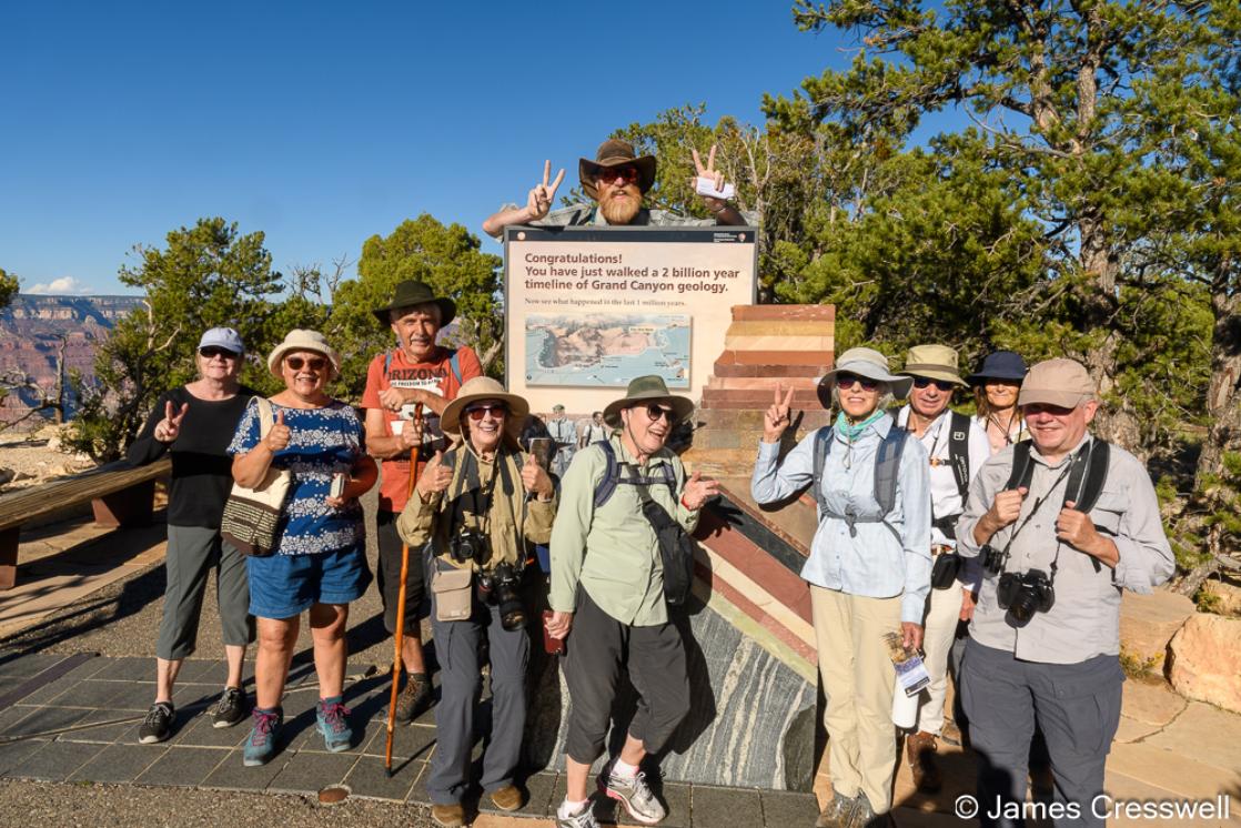 A photograph of GeoWorld Travel group on the Trial Through Time Trail, Grand Canyon